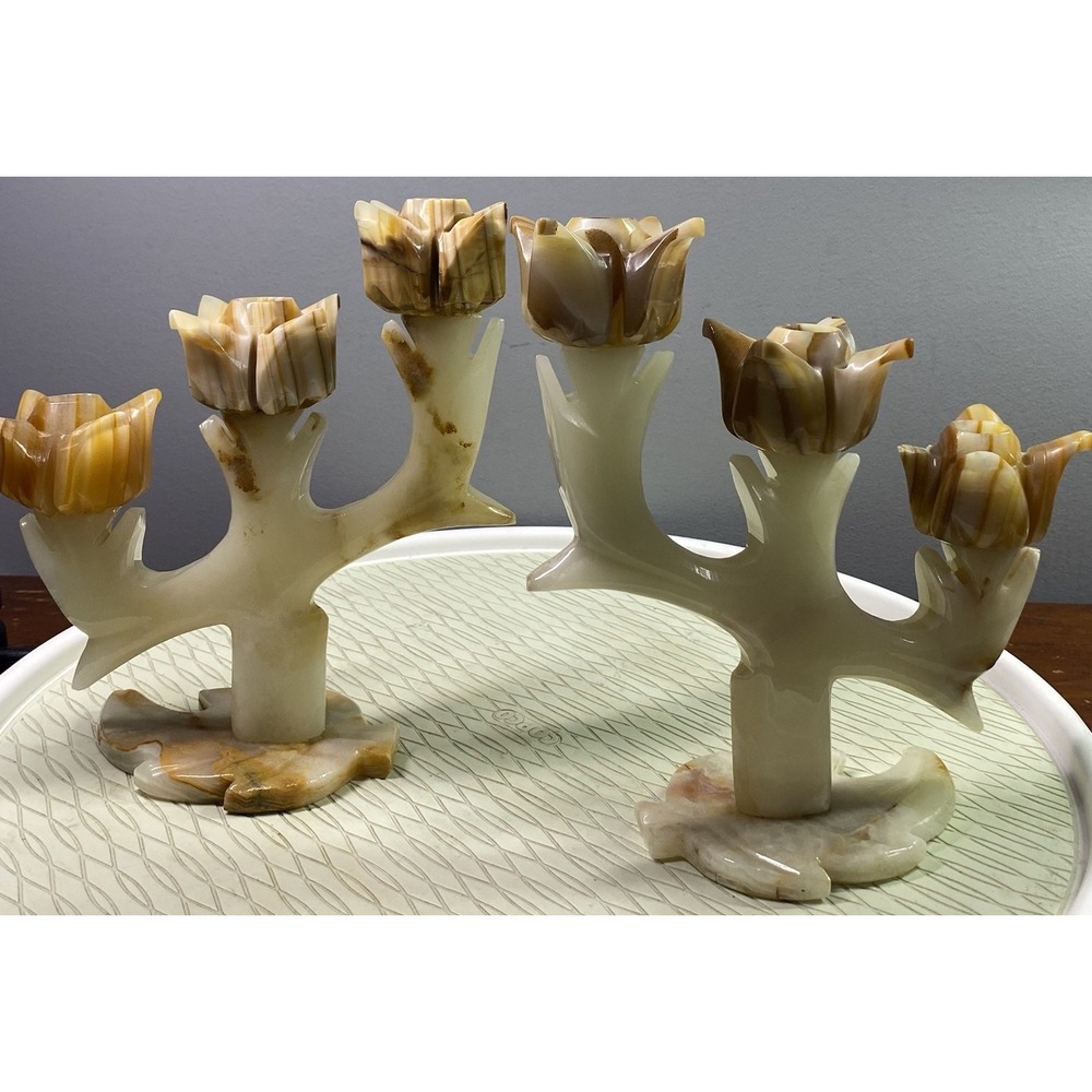 Vintage Ivory Natural Onyx Candlestick‎ Holders W/Leaf Shaped Base 9" See Desc
